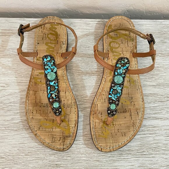 Sam Edelman Sandals 6.5 Tan Turquoise Blue Stones Beads Cork Thong T Strap Flat - Picture 1 of 12